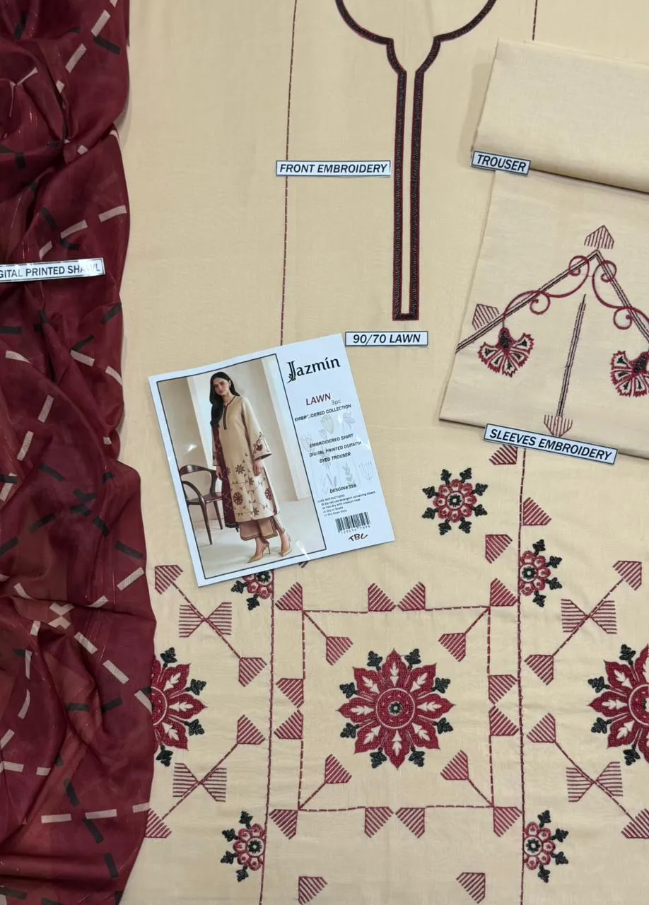 Stunning Elegant Beige and Maroon Suit lawn 3 piece