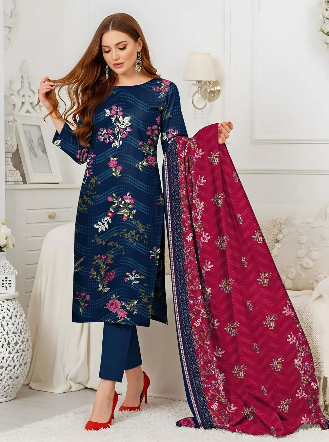 Stunning Navy Floral Print 3-Piece Salwar Kameez