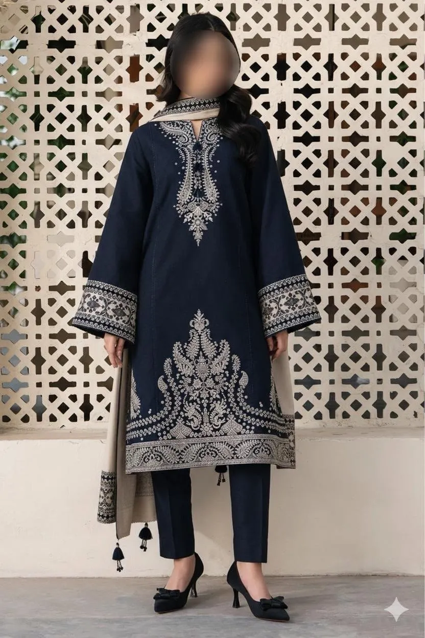 Stunning Elegant Navy Blue Embroidered 3-Piece Lawn Suit for Women